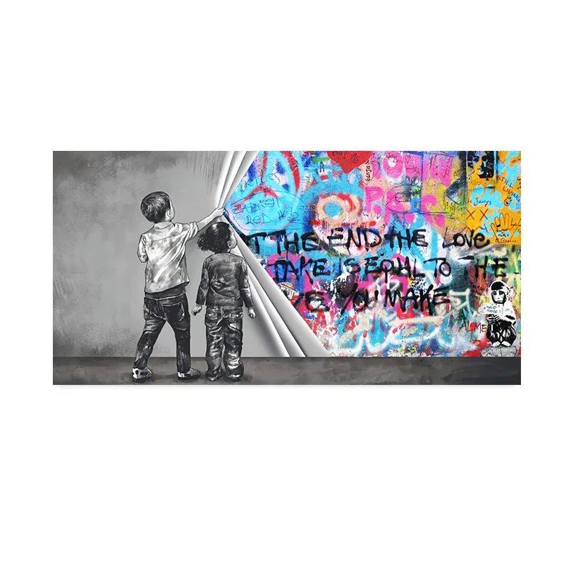Nordic Minimalist Wall Art Bank Graffiti Funny Two Kids HD Canvas Poster Print Home Bedroom Living Room Decoration Gifts