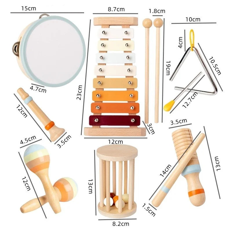 Frendorf | Holz Montessori Musikinstrumenten Set für Kleinkinder - Professionell gestimmtes Xylophon, Maracas und mehr - Bildungs Geschenk für Vorschulkinder