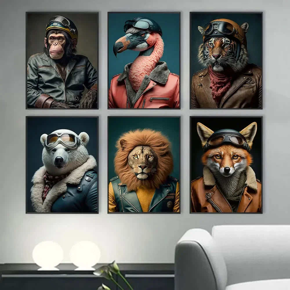 Lustige Tier-Aviator-Poster-Drucke Löwe Tiger Elefant Reh Flugzeug Pilot Leinwandmalerei Wandkunst Für Wohnzimmer Wohnkultur