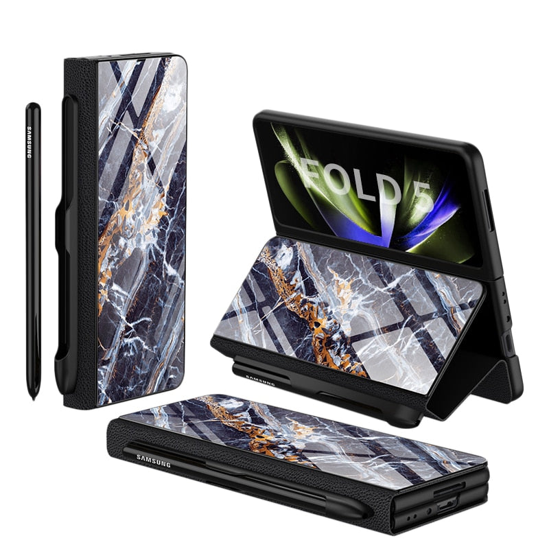 Frendorf | Stoßfeste Rüstungshülle Hülle Glas Abdeckung Ständer Einfügkarte Lederhülle für Samsung Galaxy Z Fold 5/4