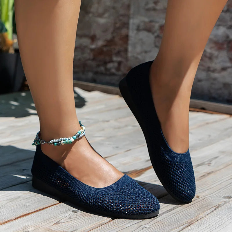 Frendorf | Frauen Rundzehen-Flachschuhe Einfarbige Strickslippers Legere Atmungsaktive Ballerinas Frauen Flachschuhe Loafers Frauen