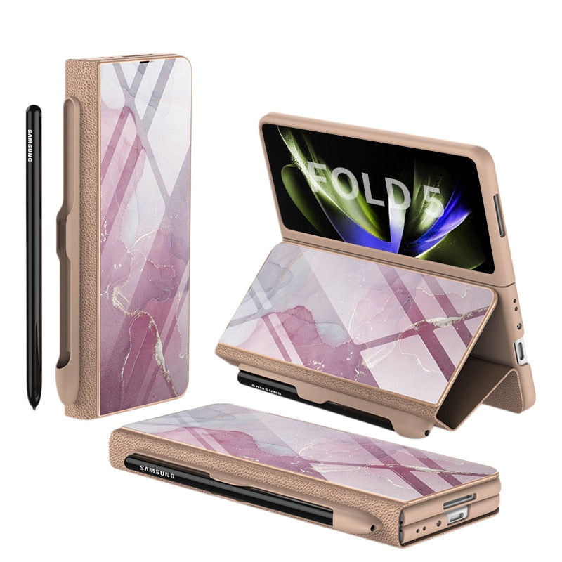 Frendorf | Stoßfeste Rüstungshülle Hülle Glas Abdeckung Ständer Einfügkarte Lederhülle für Samsung Galaxy Z Fold 5/4