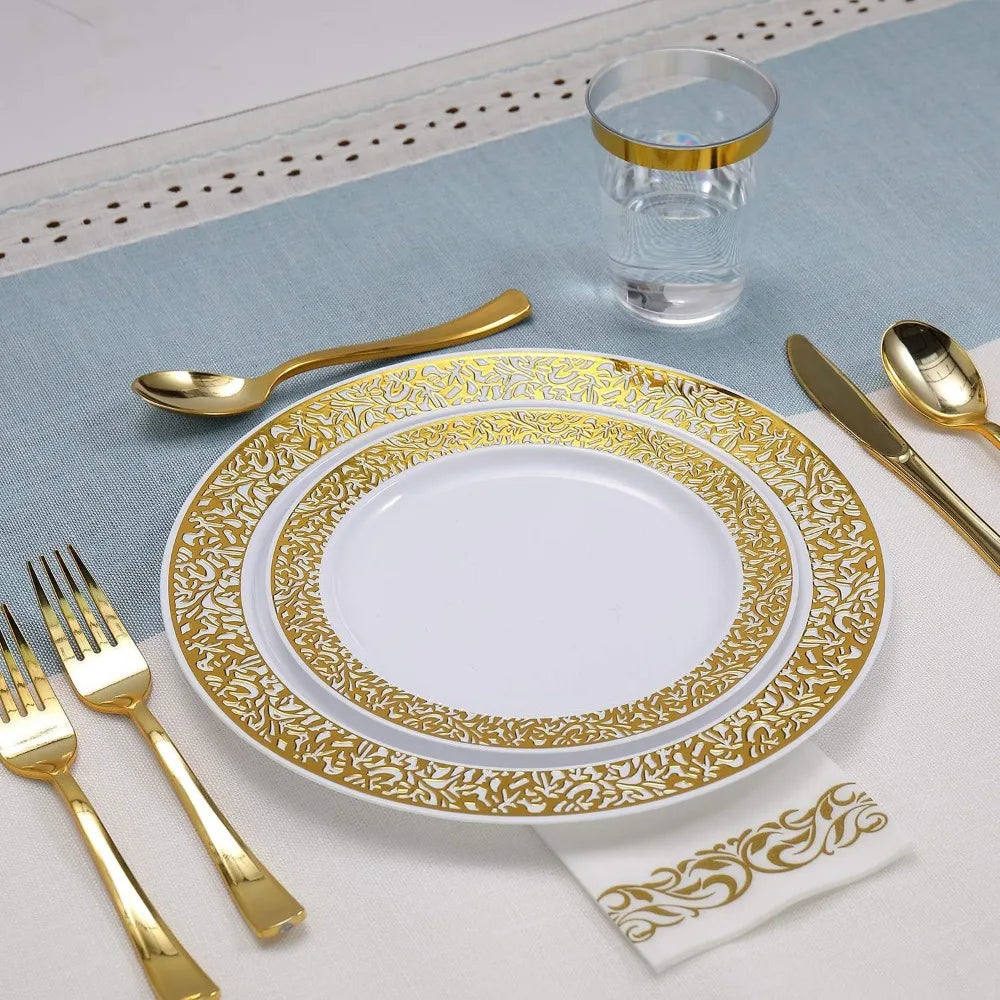 350pcs Einweg-Gold Spitze Geschirr Set für 50 Gäste