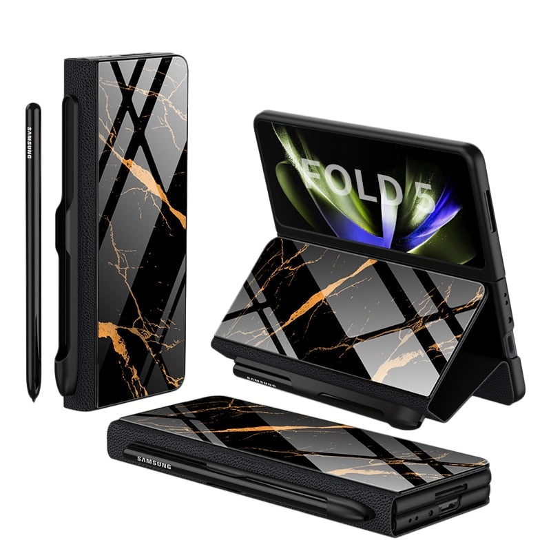 Frendorf | Stoßfeste Rüstungshülle Hülle Glas Abdeckung Ständer Einfügkarte Lederhülle für Samsung Galaxy Z Fold 5/4