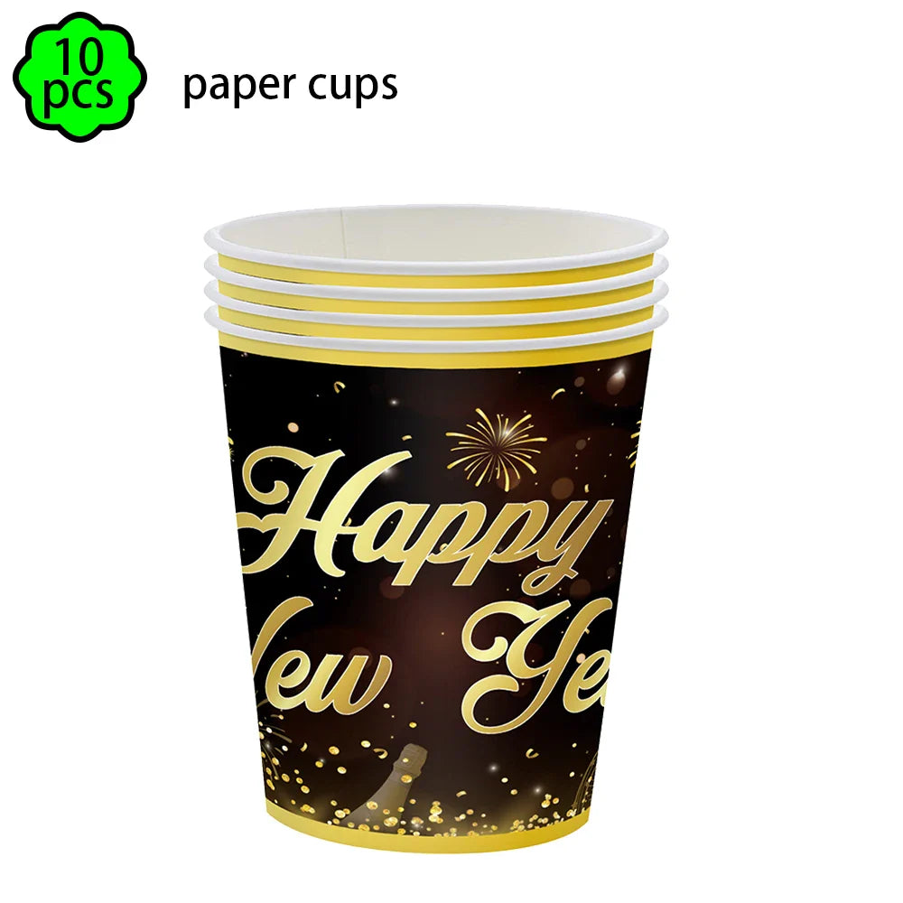 Neujahrsservietten Pappteller Becher Neujahr Tischdecken Tischüberwurf 2024 Neujahrsparty Dekorationen Silvesterparty Zubehör