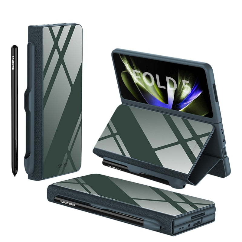 Frendorf | Stoßfeste Rüstungshülle Hülle Glas Abdeckung Ständer Einfügkarte Lederhülle für Samsung Galaxy Z Fold 5/4