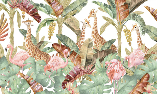 Frendorf | Giraffen und Flamingos Tiere Tapete Wandbild