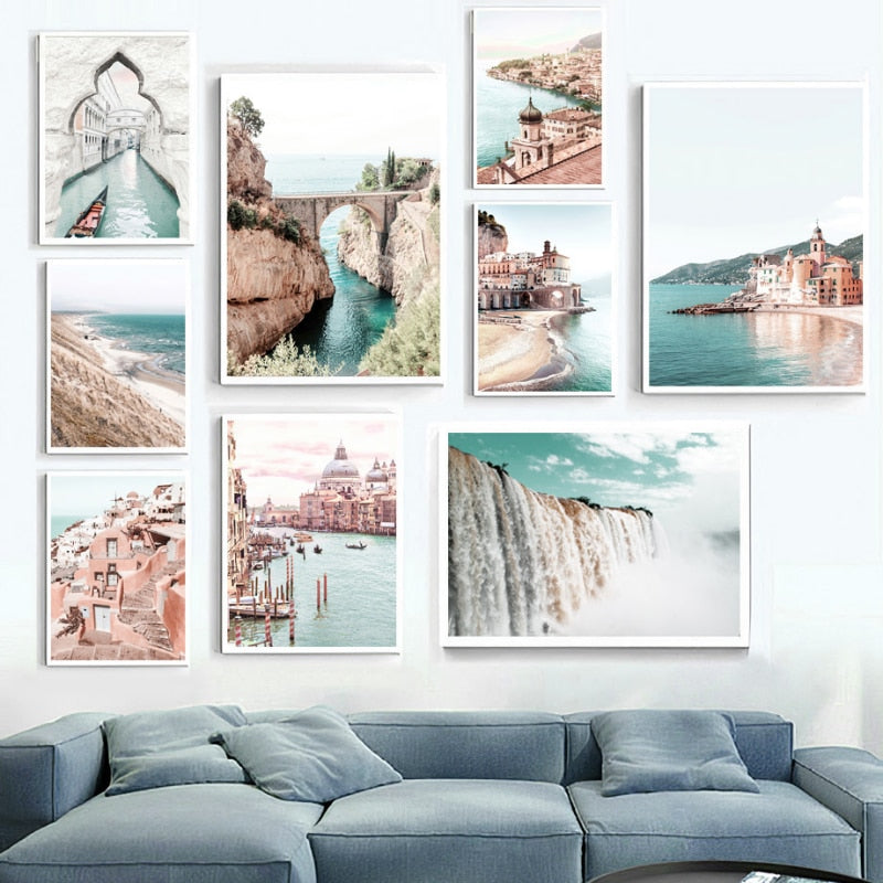 Venice Amalfi Küstenstadt Wasserfall Leinwandposter | Nordisches Schlafzimmer Wandkunst für Wohnzimmer Wohnkultur