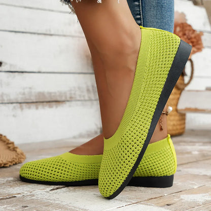 Frendorf | Frauen Rundzehen-Flachschuhe Einfarbige Strickslippers Legere Atmungsaktive Ballerinas Frauen Flachschuhe Loafers Frauen