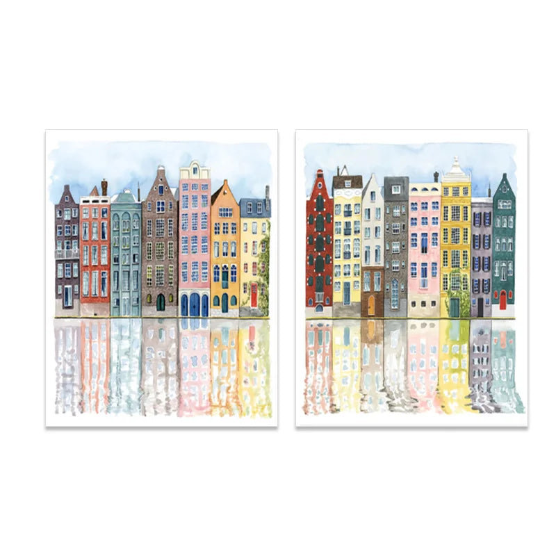 Frendorf | UrbanVista Aquarellfassaden Poster | Leinwanddruck mit alten bunten Gebäuden | Wandkunst für Wohnzimmer & Heimdekoration