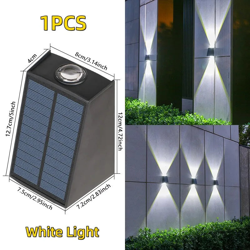 Frendorf | 2 LED Solar Wandleuchte – Wasserdichte Outdoor Solar Gartenlichter mit einstellbarer Helligkeit und Mehrfarbenbeleuchtung für Balkon, Straße, Garten und Villa