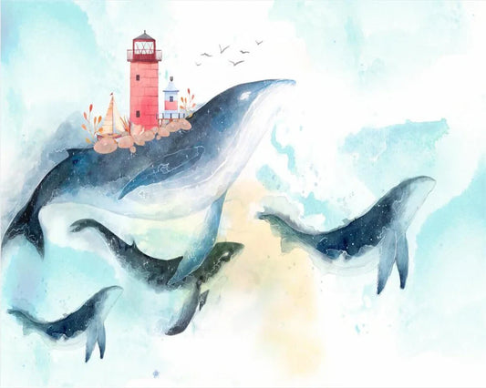 Frendorf | Fabulous flying whale family watercolor wallpaper mural