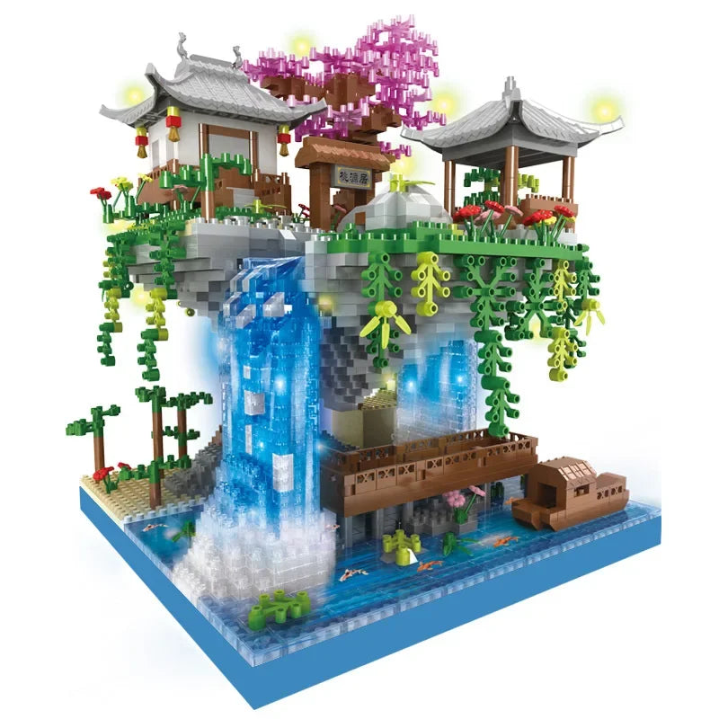 Antike Architektur Pfirsichblüten Teich Schloss Mädchen Modell Baustein Montage Kinderspielzeug mit hohem Schwierigkeitsgrad