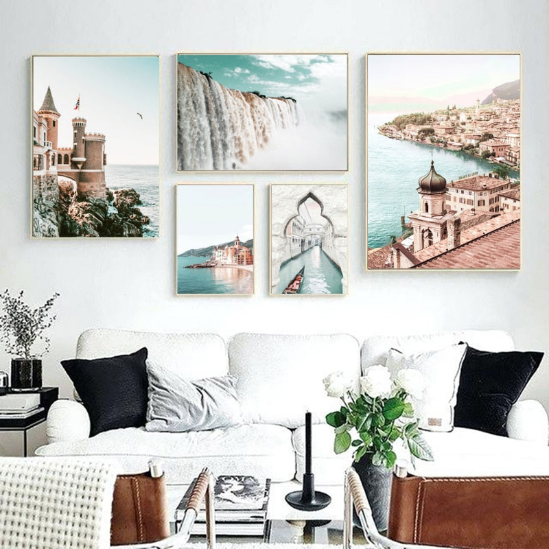 Venice Amalfi Küstenstadt Wasserfall Leinwandposter | Nordisches Schlafzimmer Wandkunst für Wohnzimmer Wohnkultur
