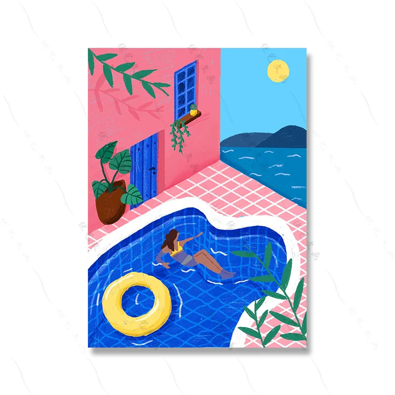 Abstraktes Buntes Bild Schwimmbad Kunst Poster Druck Romantisches Mädchen trinkt Milch Kuchen Leinwand Malerei Wohnzimmer Wohnkultur