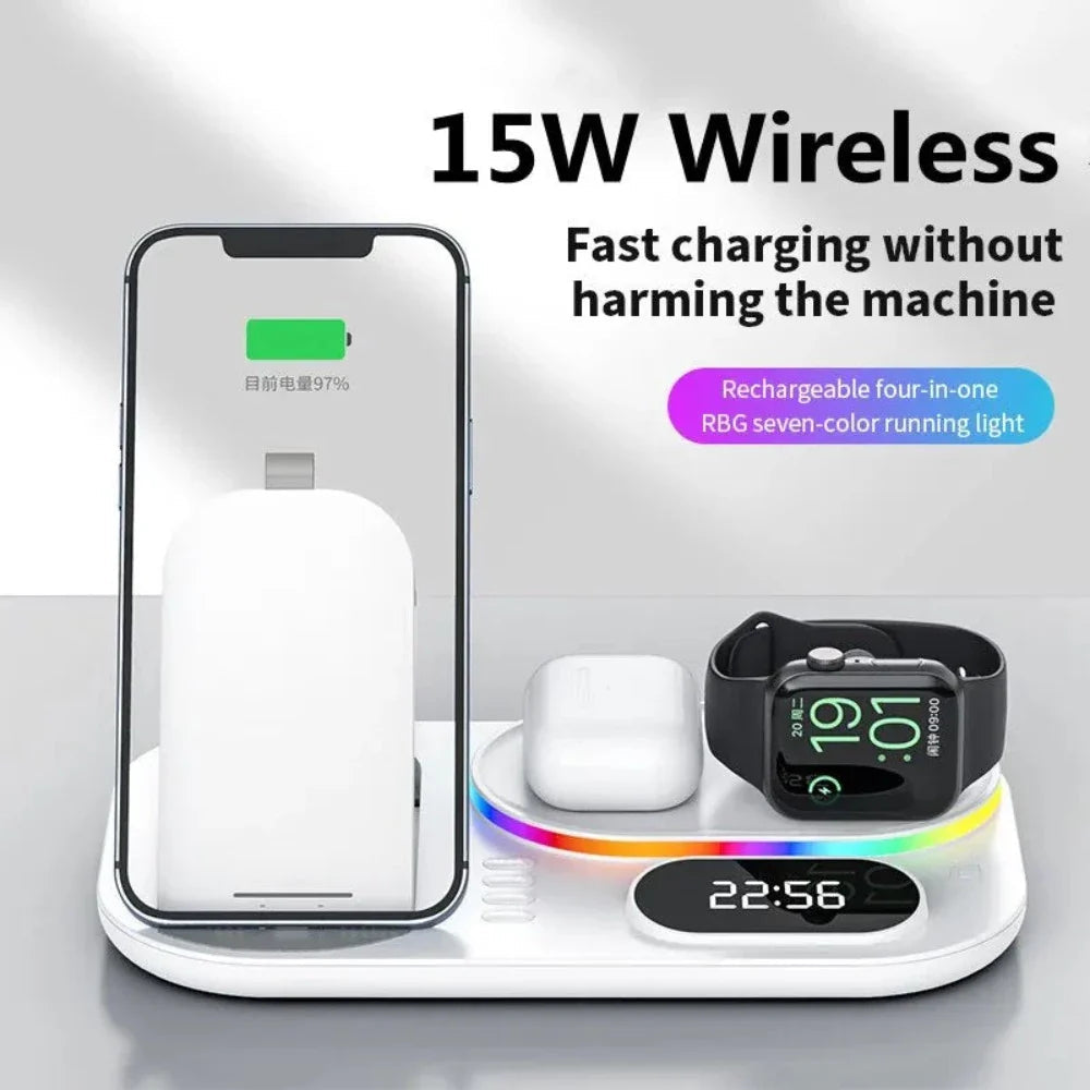 Frendorf | 4-in-1 LED Wireless Charging Station für Smartphones, Uhren und Ohrhörer mit Nachtlicht und digitaler Uhr