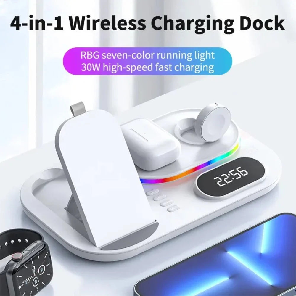 Frendorf | 4-in-1 LED Wireless Charging Station für Smartphones, Uhren und Ohrhörer mit Nachtlicht und digitaler Uhr