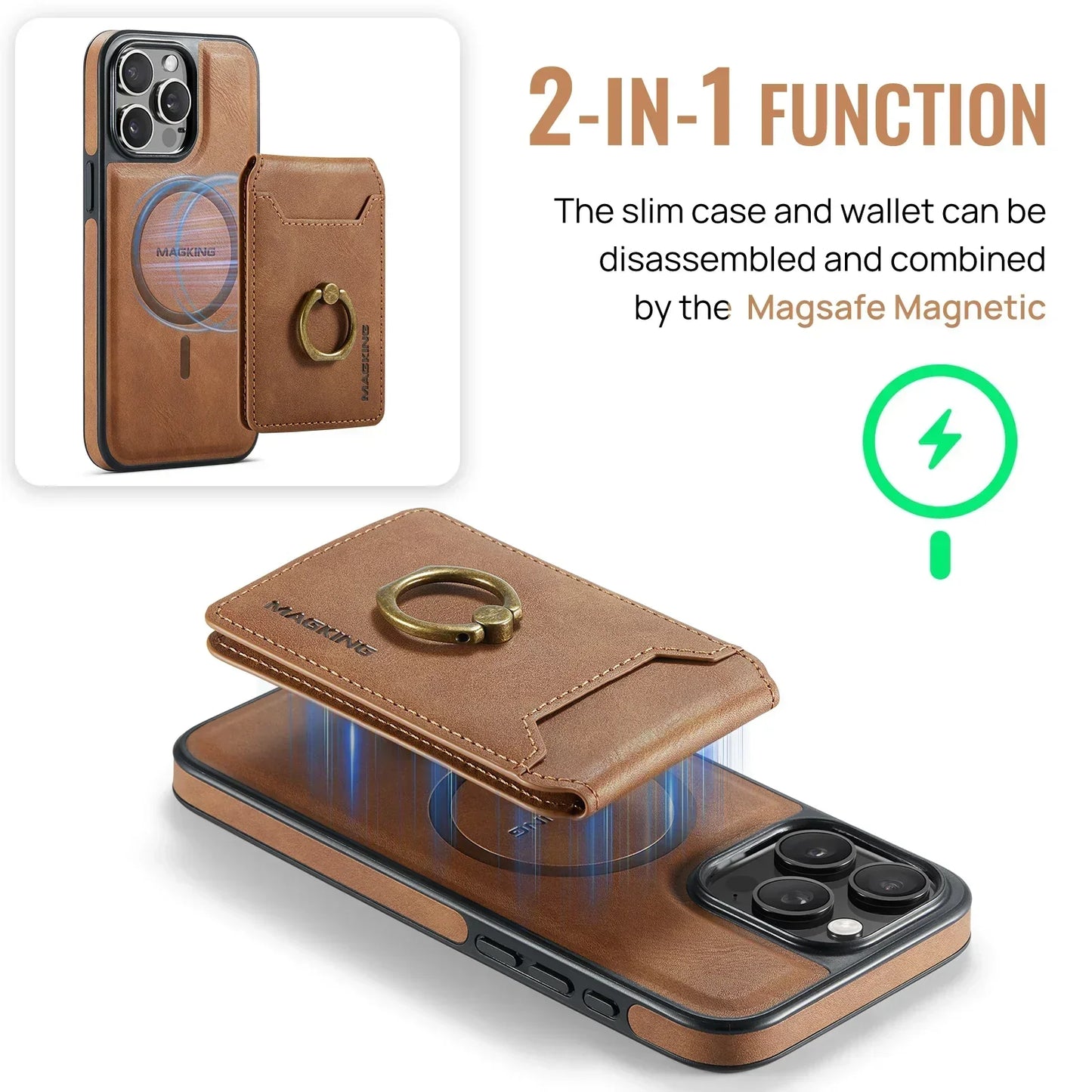 Frendorf | 2 in 1 abnehmbares Leder Karten Slot Ring Halter Wallet Case für iPhone 16 15 14 13 12 Pro Max Plus Magnetische vertikale Tasche Cover