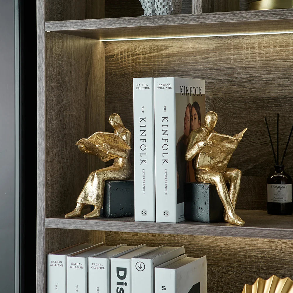 Goldene Lesestatue Wohnkultur Künstlerische Studie Bücherregal Ornament Einfache Buchstütze Harz Miniaturen Handwerk Büro Zubehör