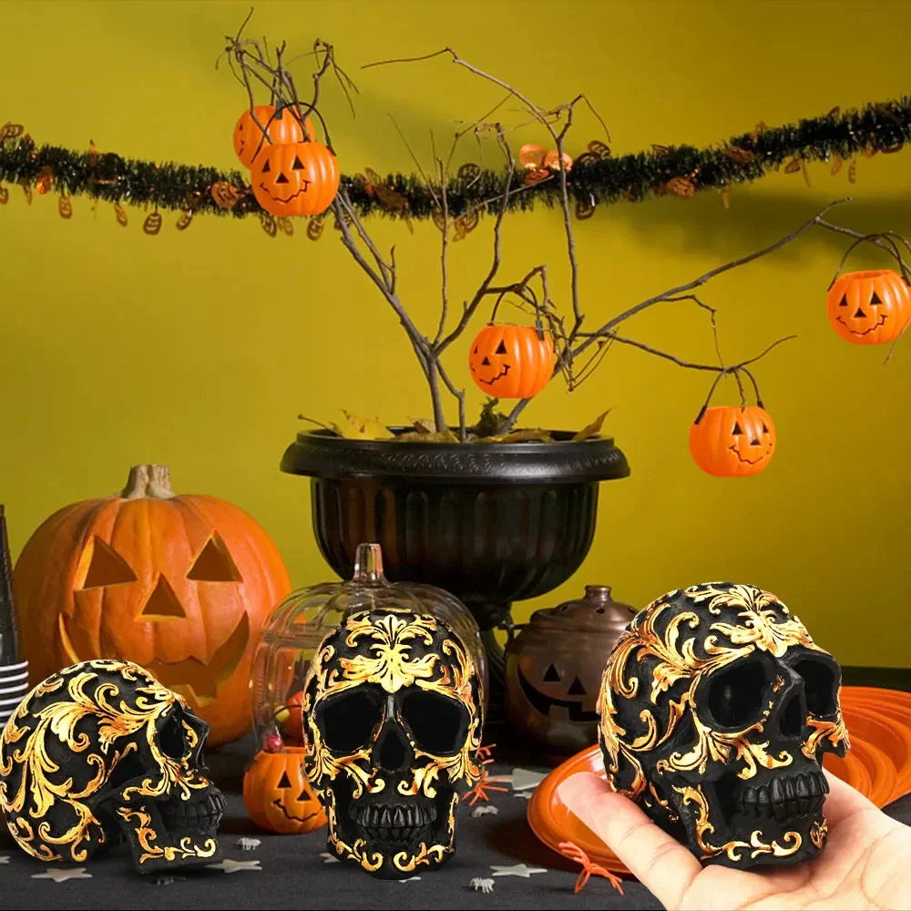 Halloween-Party Schädelkopf-Figuren Raumdekoration Harz Handwerk Goldene Schnitzereien Ornamente Kunst Wohnkultur Zubehör