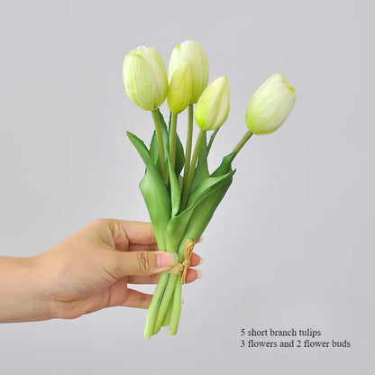 Frendorf | 5 kurze Pole Tulpen Kunstblumen – weiche Gummi-Seiden-Tulpen für Wohnkultur, Hochzeiten und Fotografie-Requisiten
