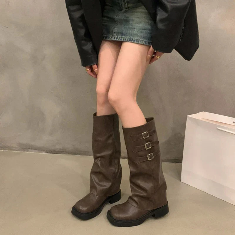 Frendorf | Retro-Stil Kniehohe Stiefel Damen Mode Damen Slip-On Ritter Lange Stiefel Herbst Winter Damen Schuhwerk