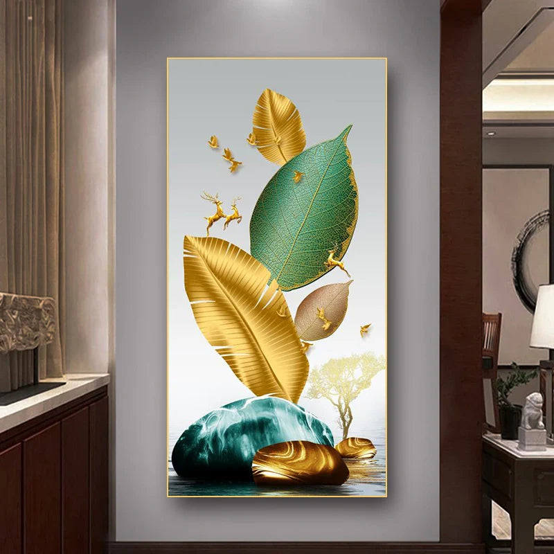 Nordic Abstract Feather Golden Yellow Deer Poster