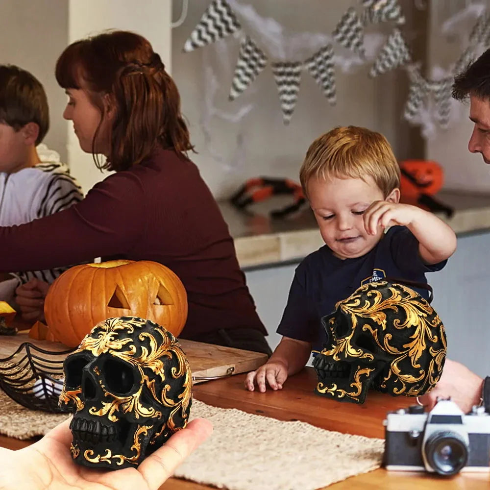 Halloween-Party Schädelkopf-Figuren Raumdekoration Harz Handwerk Goldene Schnitzereien Ornamente Kunst Wohnkultur Zubehör