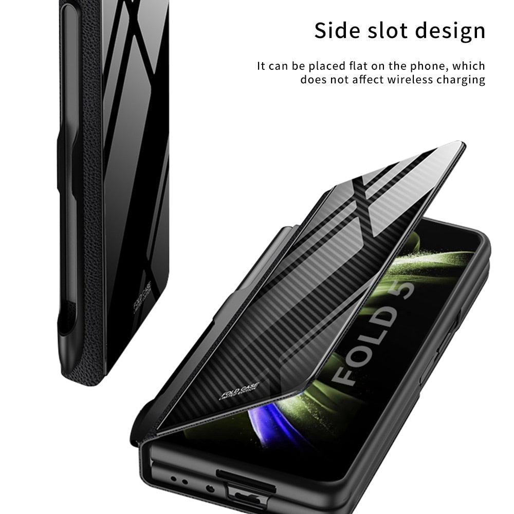 Frendorf | Stoßfeste Rüstungshülle Hülle Glas Abdeckung Ständer Einfügkarte Lederhülle für Samsung Galaxy Z Fold 5/4