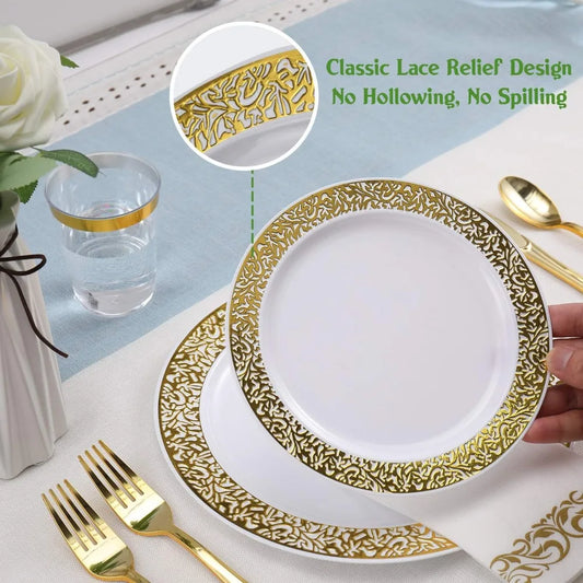 350pcs Einweg-Gold Spitze Geschirr Set für 50 Gäste