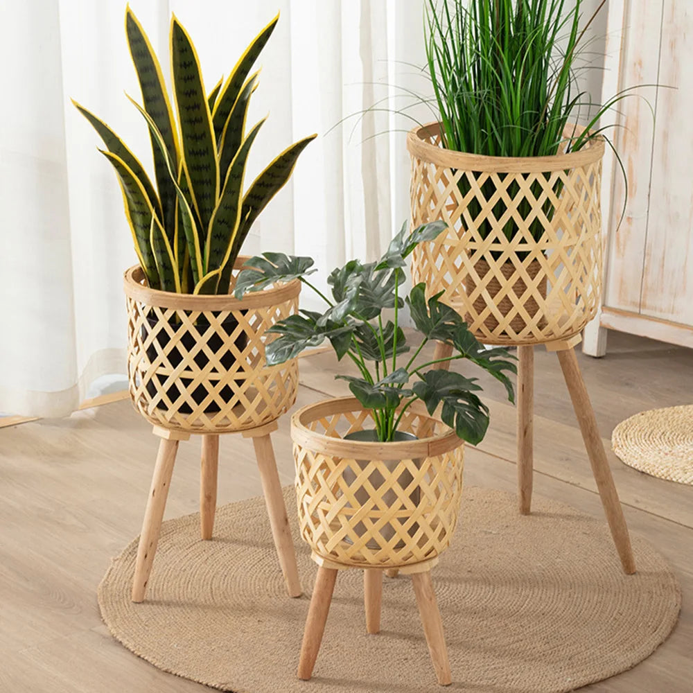Handgefertigter Bambusgewebter Blumentopf mit Ständer Pflanze Blumenanzeige Aufbewahrungsständer DIY Aufbewahrung Kinderplantöpfe Wohnkultur