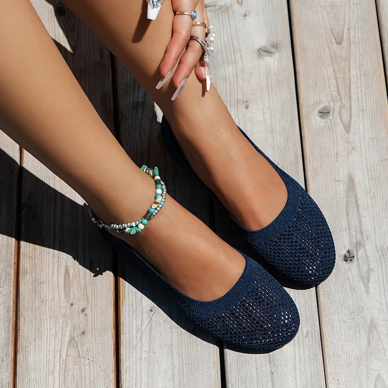Frendorf | Frauen Rundzehen-Flachschuhe Einfarbige Strickslippers Legere Atmungsaktive Ballerinas Frauen Flachschuhe Loafers Frauen
