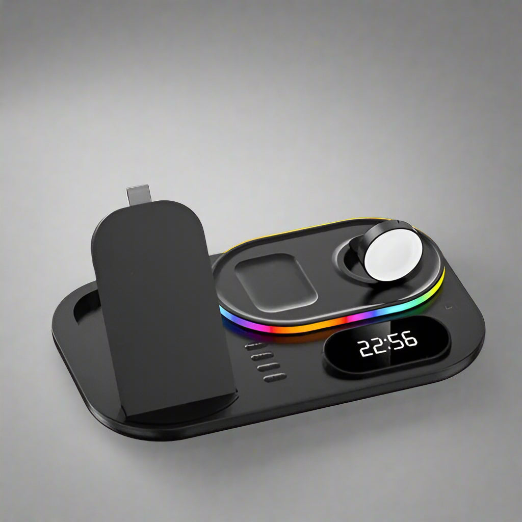 Frendorf | 4-in-1 LED Wireless Charging Station für Smartphones, Uhren und Ohrhörer mit Nachtlicht und digitaler Uhr
