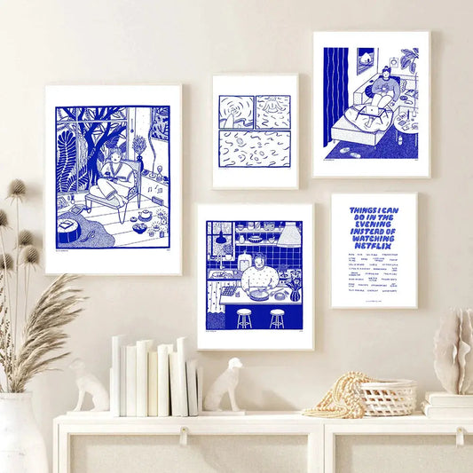Blaue Bild Küchen Wohnen Kunst Poster Druck Einfachheit Weiße Abstrakte Retro Leinwandmalerei Raum Haus Dekor SwimNordic Zuflucht