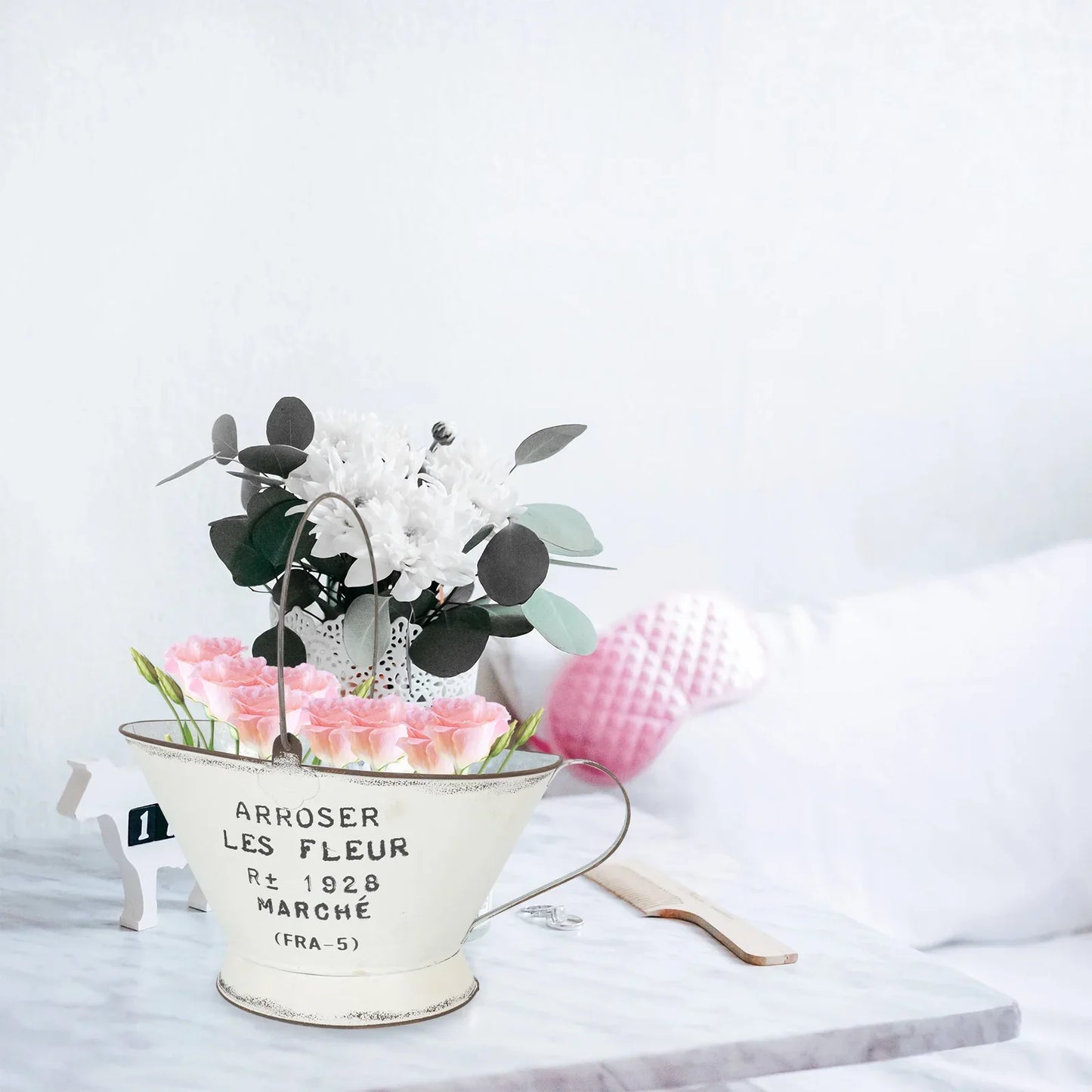 Blumenvasen-Eimer-Pflanzer-Tontopf-Metall-Shabby-Französisch-Galvanisiert-Chic-Retro-Bauernhaus-Vintage-Arrangement-Mittelstück-Hängende-Kanne