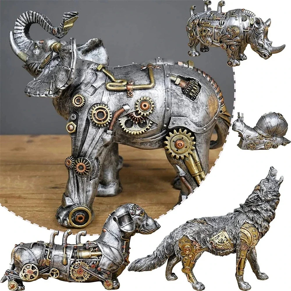 Frendorf | GearMorph Steampunk Tierfigur aus Harz | Industriestil Tischdeko | Mechanischer Drache, Elefant & Schnecke | Kunstvolle Deko für Zuhause