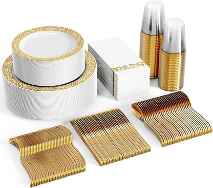 350pcs Einweg-Gold Spitze Geschirr Set für 50 Gäste