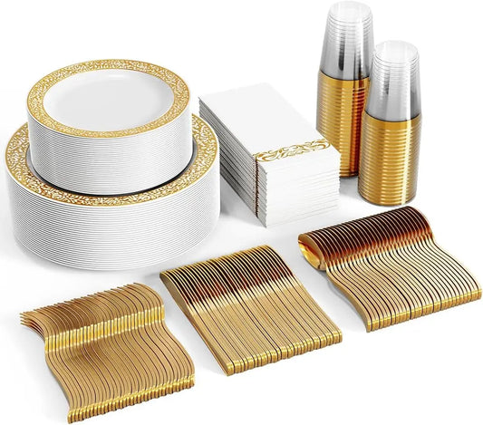 350pcs Einweg-Gold Spitze Geschirr Set für 50 Gäste