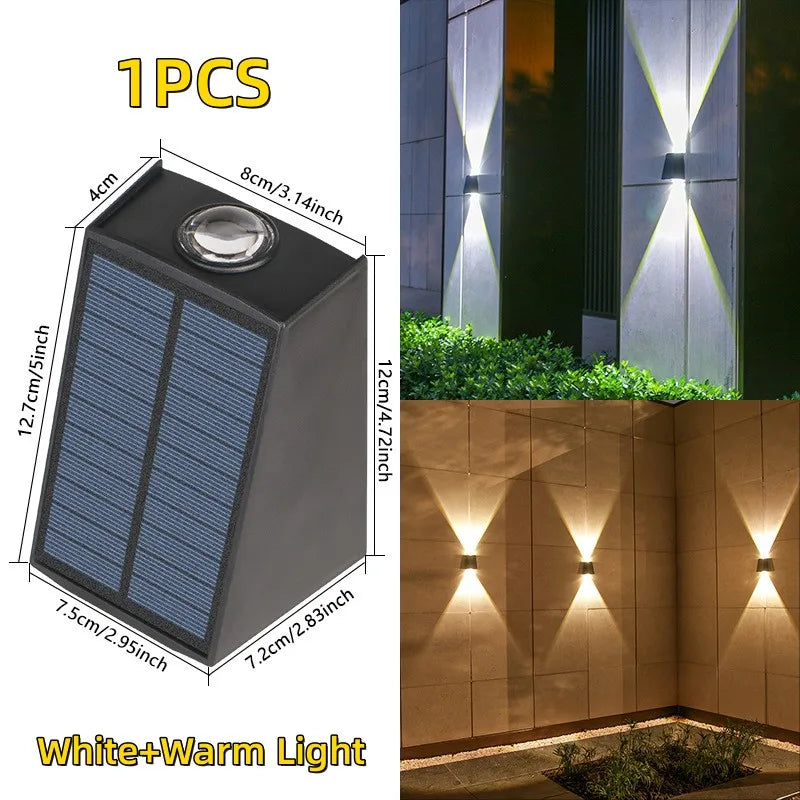 Frendorf | 2 LED Solar Wandleuchte – Wasserdichte Outdoor Solar Gartenlichter mit einstellbarer Helligkeit und Mehrfarbenbeleuchtung für Balkon, Straße, Garten und Villa