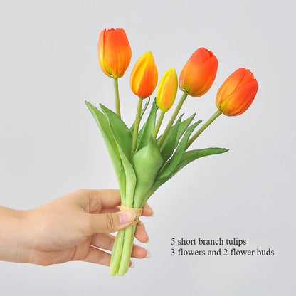Frendorf | 5 kurze Pole Tulpen Kunstblumen – weiche Gummi-Seiden-Tulpen für Wohnkultur, Hochzeiten und Fotografie-Requisiten