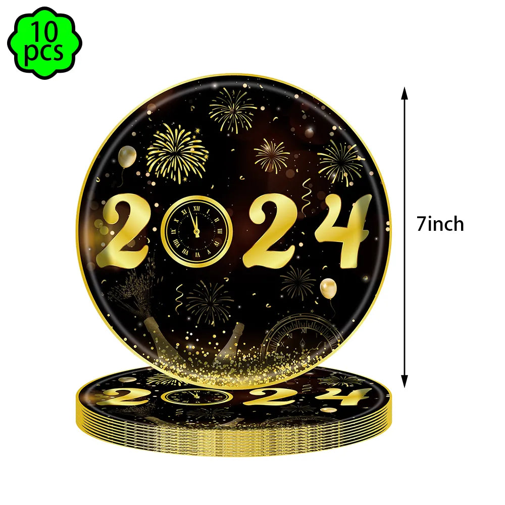 Neujahrsservietten Pappteller Becher Neujahr Tischdecken Tischüberwurf 2024 Neujahrsparty Dekorationen Silvesterparty Zubehör