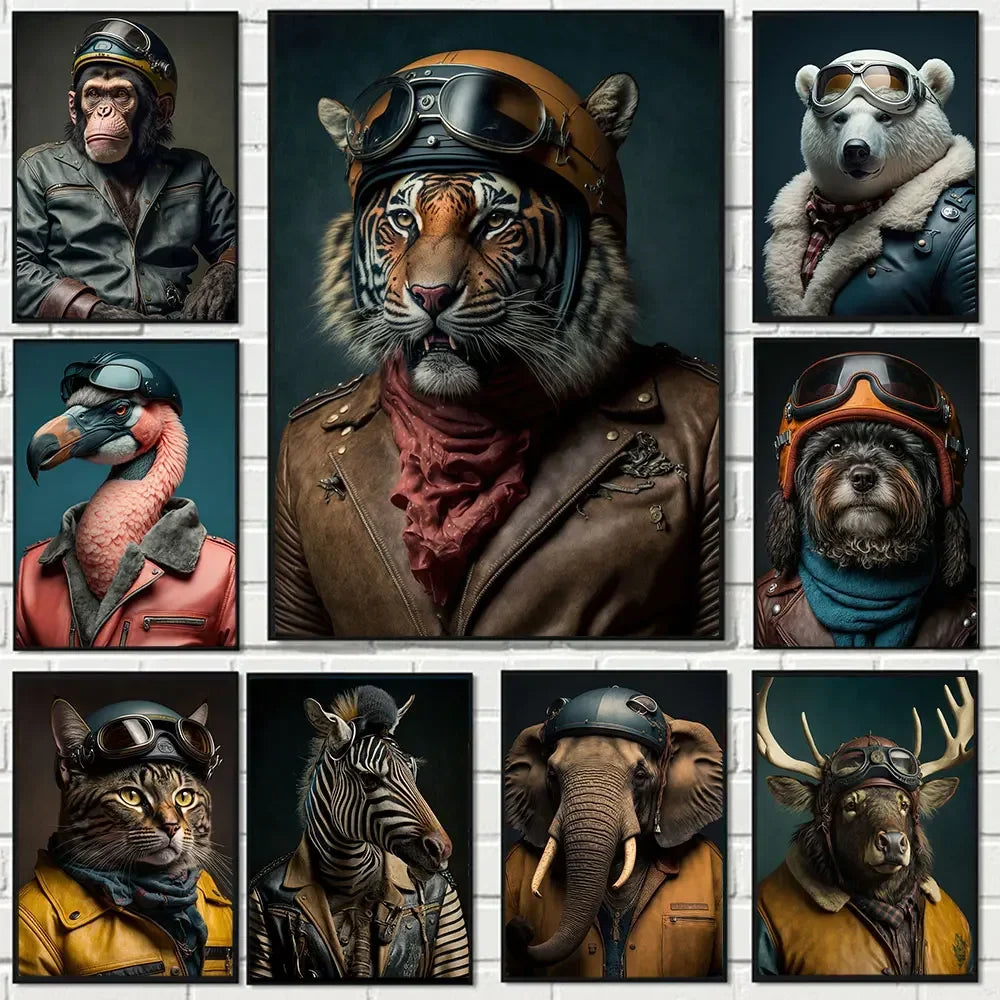 Lustige Tier-Aviator-Poster-Drucke Löwe Tiger Elefant Reh Flugzeug Pilot Leinwandmalerei Wandkunst Für Wohnzimmer Wohnkultur