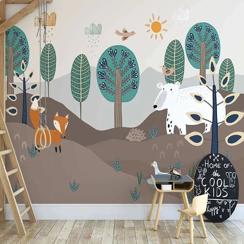 Frendorf | Geschichtete Waldlandschaft mit Fuchs und Bär Wandmural Tapete