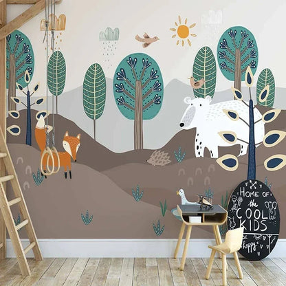 Frendorf | Geschichtete Waldlandschaft mit Fuchs und Bär Wandmural Tapete