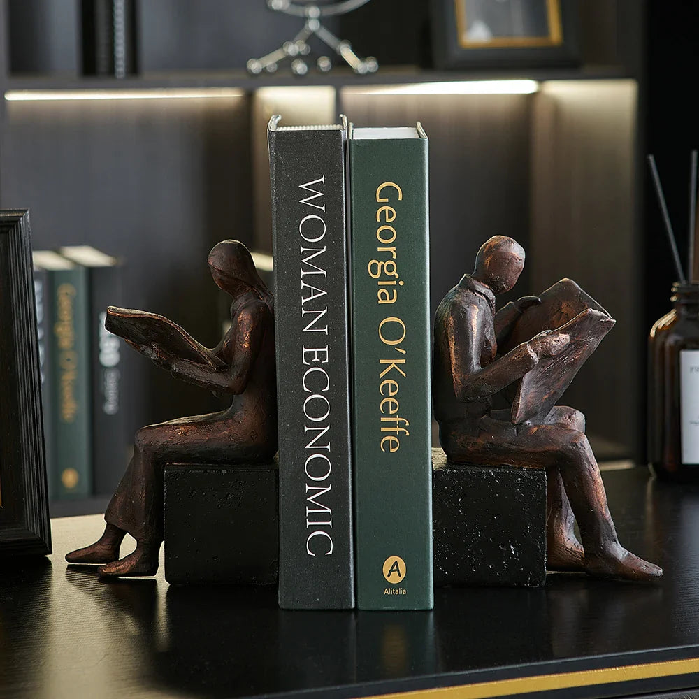 Goldene Lesestatue Wohnkultur Künstlerische Studie Bücherregal Ornament Einfache Buchstütze Harz Miniaturen Handwerk Büro Zubehör