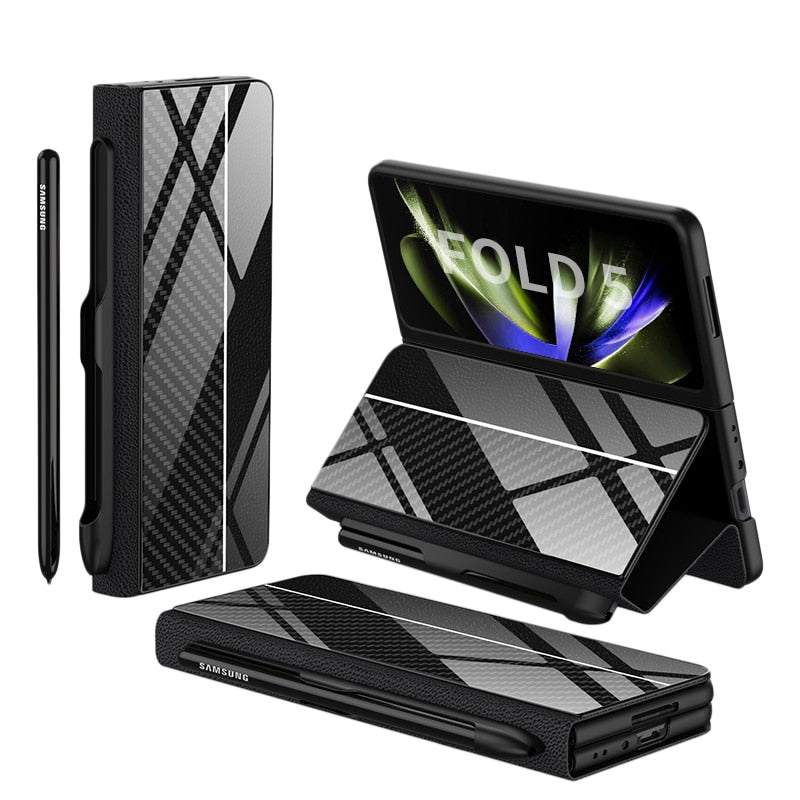 Frendorf | Stoßfeste Rüstungshülle Hülle Glas Abdeckung Ständer Einfügkarte Lederhülle für Samsung Galaxy Z Fold 5/4