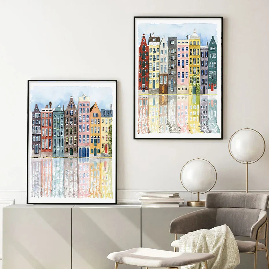 Frendorf | UrbanVista Aquarellfassaden Poster | Leinwanddruck mit alten bunten Gebäuden | Wandkunst für Wohnzimmer & Heimdekoration