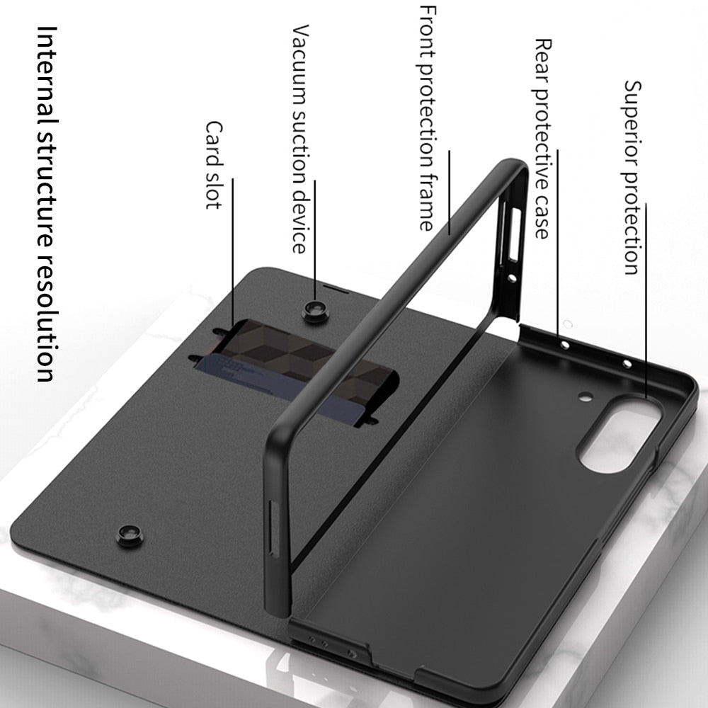 Frendorf | Stoßfeste Rüstungshülle Hülle Glas Abdeckung Ständer Einfügkarte Lederhülle für Samsung Galaxy Z Fold 5/4
