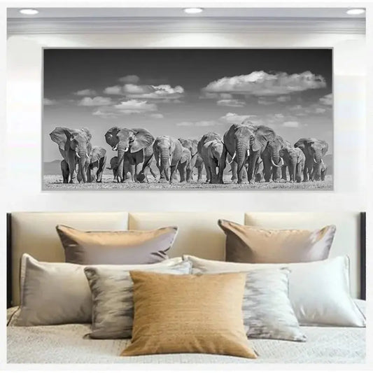 Afrikanische Elefantenherde Wandkunst Moderne Schwarz-Weiß Tier Leinwandposter und Drucke Wohnraum Schlafzimmer Geschenke
