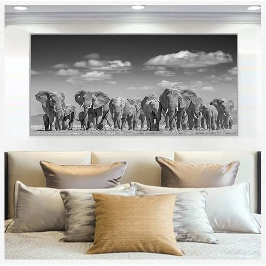 Afrikanische Elefantenherde Wandkunst Modern Schwarz-Weiß Tier Leinwand Poster und Drucke Dekorieren Wohnzimmer Schlafzimmer Geschenke